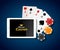 Online casino design poster banner. Tablet with poker chips and cards on table. Casino gambling background, poker mobile app