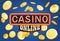 Online casino gambling poster design. Money coins winner success concept. Slot machine game prize