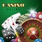 Online casino gambling vector background with roulette, dice and poker cards