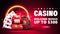 Online casino, invitation banner for website with button, slot machine, Casino Roulette, poker chips and playing cards.