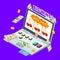 Online casino, jackpot win, banknotes, coins and credit card on laptop isometric vector illustration