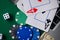 Online casino, poker. Background for business online games, poker, blackjack game. Online card games. Laptop, money and chips