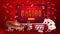 Online casino, red poster with monitor with slot machine, Casino Roulette, poker chips and playing cards