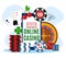 Online casino, vector illustration. Huge smartphone with luck game concept, internet gambling with slot, poker chips and