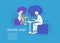 Online chat concept vector illustration of young couple sitting at the tables in cafe and using laptop messenger