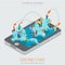 Online chat flat vector isometric: smartphone world map networks
