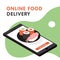 Online chinese food delivery banner design. Order sushi online using smartphone app. Vector flat cartoon illustration