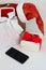 Online Christmas shopping. Bags with Gifts and presents. Holiday delivery smartphone app