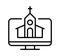 Online church service streaming broadcasting video, christian chapel in monitor media flat vector icon for apps and