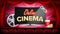 Online cinema vector. Banner with computer monitor. Red curtain. Theater, 3D glasses, film-strip cinematography. Online
