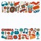 Online cinema vector icons. Background with popcorn, movie illustration, musical notes.