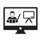 Online class icon vector teacher symbol with computer monitor and whiteboard for online education course in a glyph pictogram