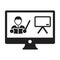 Online class icon vector teacher symbol with computer monitor and whiteboard for online education course in a glyph pictogram