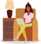 Online communication, internet surfing, freelancing. Woman sitting with laptop in armchair at home