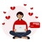 Online communication, separation concept. Aggressive woman sitting with laptop with flying broken hearts around