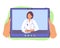 Online conference with cartoon female doctor on tablet flat illustration