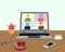 Online conference with friends, work colleagues on a laptop. Online communication. Remote work by videoconference. Illustration in