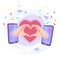 Online congratulations, holiday meeting, virtual hugs. Vector with phones, arms and heart, confetti. Social media