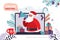 Online congratulations to Santa Claus. Father Christmas with megaphone on laptop screen. Internet meeting, remote talking