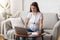 Online Courses For Future Moms. Pregnant Lady In Headset Study With Laptop