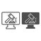 Online Court line and solid icon. Justice office online, monitor with hammer or auction. Jurisprudence vector design