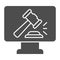 Online Court solid icon. Justice office online, monitor with hammer or auction. Jurisprudence vector design concept