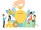 Online crowdfunding money, fundraising business idea tiny character flat vector illustration. Hand keep gold coin, start