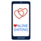 Online dating concept. Smartphone with two hearts on the screen. Mobile application for long distance relationship