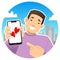 Online dating, dating site; smiling guy with a phone. Shows the phone screen, points to it with a finger. Hearts on the phone