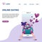 Online dating landing page design vector illustration with romantic couple modern technology style on mobile phone futuristic