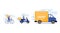 Online delivery service concept, online order tracking, delivery home and office. Warehouse, truck courier in respiratory mask