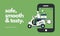 Online delivery service illustration on green background.