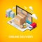 Online delivery service isometric banner concept with storage in laptop, parcel box, truck, buildings. Logistic advert 3d design.