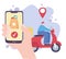 Online delivery service, man with mask riding sccoter and hand ordering smartphone, coronavirus covid 19