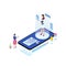 Online doctor appointment isometric illustration. Cartoon medical worker hologram prescribing pills, medication for patient