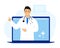 Online doctor consultation from laptop. Online consultation of a male family doctor. remote medical care. vector illustration.