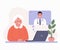 Online doctor. Elderly woman consults with a doctor through video chat.  Vector flat style cartoon illustration