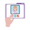 Online doctor, hand touching screen professional consultant medical covid 19, flat style icon