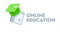 Online Education Banner with Green Academic Cap. Remote University Graduation, Home Educational Materials