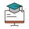Online education, computer graduation hat, website and mobile training courses line and fill icon