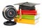 Online education concept, books with graduation cap with webcam, 3D rendering