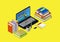 Online education concept with books and laptop illustration