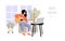 Online education concept illustration with a girl looking at a laptop monitor and playing guitar. Distance learning music