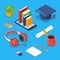 Online education concept. Vector 3d isometric icons of smartphone, books, headphones. Audio learning, training and study