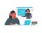 Online education concept. Woman teacher and student on laptop screen. Vector illustration