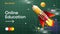 Online education, e-learning. Flying pencil rocket on green chalkboard with checkered pattern. Back to school web banner