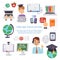 Online education, e-learning science vector illustration poster. Book computer and studying icons. Globe, cartoon