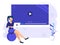 Online education infographic, Woman worker sitting on a round sofa, business communication concept. Flat style illustration