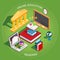 Online education Isometric. The concept of learning and reading books in the library. Flat design. Vector