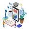 Online education isometric icons composition with little people taking books from smartphone electronic library online